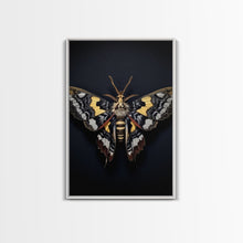 Load image into Gallery viewer, Framed Death Head Moth Canvas Print, Acherontia, Taxidermy Art, Dried Butterfly Print, Bug Wall Art Hanging Decor, Goth Art, Halloween Art
