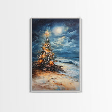 Load image into Gallery viewer, Christmas Tree On The Beach, Framed Canvas Print, gallery wall, Christmas Poster, Xmas Prints
