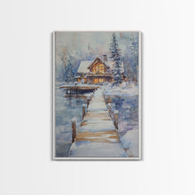 Cargar imagen en el visor de la galería, Christmas At The Lake, Framed Canvas Print, Wood Frame Lake House Decor, Winter Lakehouse Art
