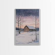 Load image into Gallery viewer, Barn In The Winter, Framed Canvas Print, Winter Landscape Print, Rustic Christmas Art, Primitive Decor
