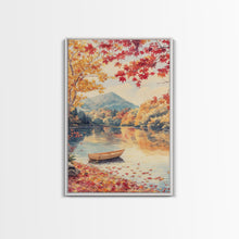 Carregar imagem no visualizador da galeria, Canoe On A Serene Fall Lake, Framed Canvas Print, Autumn Decor, Fall Wall Art, Fall Poster, Autumn Prints Wall Art

