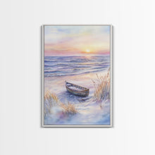 Carregar imagem no visualizador da galeria, Abandoned Canoe On The Beach, Framed Canvas Print, Nautical Decor, Christmas Outdoor Decor, Christmas Prints Wall Art
