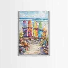 Cargar imagen en el visor de la galería, Christmas Surfboards On A Snowy Beach, Framed Canvas Print, Tropical / Nautical Christmas Art or Gift Idea, Christmas Poster
