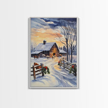 Cargar imagen en el visor de la galería, Christmas On The Farm, Winter Wall Art Framed Canvas Print, Gift Idea, Seasonal Decor, Barn Painting, Farmhouse Art
