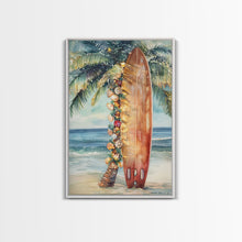 Cargar imagen en el visor de la galería, Surfboard Art Framed Canvas Print, Tropical Christmas Decor, Xmas Art, Christmas 2024 Gift Idea For Her
