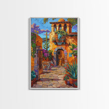 Carregar imagem no visualizador da galeria, Bright Mexican Style Courtyard Tall Art Framed Canvas Print Featuring Vibrant Architecture And Desert Scenery
