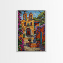 Carregar imagem no visualizador da galeria, Bright Mexican Style Tall Art Framed Canvas Print Depicting Ornate Blue Door And Rustic Courtyard
