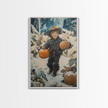 Load image into Gallery viewer, Cowboy Christmas Decor Framed Canvas Print with Pumpkin in Snow, Rustic Holiday Home Wall Art and Seasonal Gift Idea 2024
