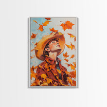 Load image into Gallery viewer, Cowboy Fall Decor Canvas Print with Windblown Leaves, Rustic Farmhouse Autumn Holiday Wall Art Seasonal Gift Idea 2024
