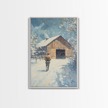 Load image into Gallery viewer, Cowboy Walking in Snow Scene Framed Canvas Print - Moody Landscape Art for Winter Home Decor 2024 Rustic Winter Wall Art
