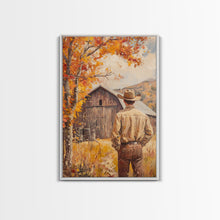 Carregar imagem no visualizador da galeria, Autumn Cowboy Barn Framed Canvas Print - Fall Harvest Country Wall Art Best Gift Idea 2024 Rustic Farmhouse Decor
