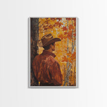 Load image into Gallery viewer, Cowboy in Autumn Forest Framed Canvas Print - Rustic Fall Wall Art Perfect Gift Idea 2024 Country Decor - Moody Landscape Art
