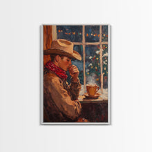 Load image into Gallery viewer, Cowboy in Snow with Coffee Framed Canvas Print - Winter Country Scene Art 2024 Cozy Christmas Wall Decor and Gift Idea
