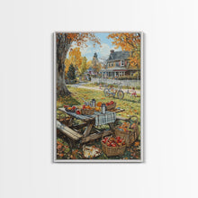 Carregar imagem no visualizador da galeria, Autumn Picnic Outdoors Tall Art Framed Canvas Print With Basket Of Apples, Fall Scene Wall Art, Country Farmhouse Decor For Kitchen
