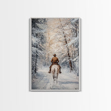 Cargar imagen en el visor de la galería, Cowboy by Window with Coffee Framed Canvas Print - Cozy Christmas Wall Art 2024 Rustic Holiday Decor and Gift Idea
