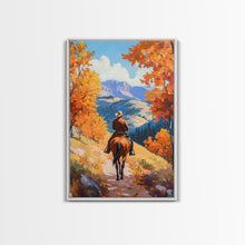 Load image into Gallery viewer, Cowboy Riding Through Autumn Mountains Framed Canvas Print Fall Landscape Art Christmas Decor Seasonal Wall Art Cowboy Christmas Gift Idea
