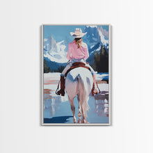 Cargar imagen en el visor de la galería, Female Cowboy Riding Through Winter Mountains Framed Canvas Print Christmas Wall Art Winter Wonderland Vintage Christmas Gift Wall Art
