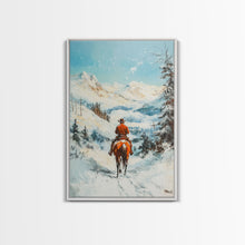 Load image into Gallery viewer, Cowboy Riding Through Snowy Mountains Framed Canvas Print Christmas Wall Art Winter Wonderland Decor Seasonal Wall Art Christmas Gift Idea
