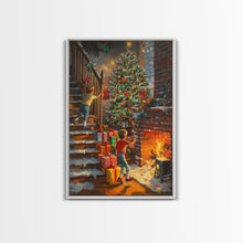 Cargar imagen en el visor de la galería, Children Hanging Stockings By The Fireplace Framed Canvas Print Tall Art With Christmas Tree, Nostalgic Christmas Wall Art Holiday Decor
