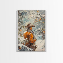 Load image into Gallery viewer, Cowboy in Snowy Orchard Canvas Print with Frosty, Christmas Wall Art Gift, Seasonal Decor, Winter Wonderland, Holiday Decor, Canvas Print
