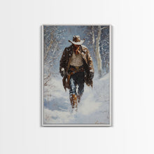 Load image into Gallery viewer, Cowboy Riding Horse in Snowy Forest Canvas Print, Winter Wall Art, Western, Rustic Christmas Wall Art, Seasonal Holiday Decor, Canvas Print
