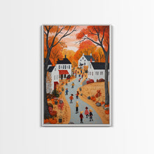 Carregar imagem no visualizador da galeria, Autumn Village Scene Framed Canvas Print Tall Art With Fall Leaves And Pumpkins, Cozy Wall Art For Seasonal Farmhouse Decor
