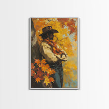 Load image into Gallery viewer, Cowboy Walking in Winter Forest at Sunset Canvas Print, Seasonal Western Wall Art, Rustic Christmas Wall Decor, Vibes, Framed Canvas Print
