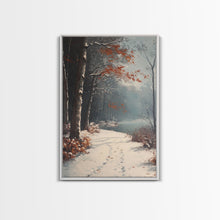 Load image into Gallery viewer, Framed Canvas Print of a Snowy Path with Trees and Red Leaves, Winter Wall Art, Moody Landscape, Best Gift Idea, Modern Christmas Decor
