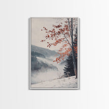 Carregar imagem no visualizador da galeria, Canvas Print of Snowy Mountain Trees Red Leaves, Winter Wonderland Wall Art, Best Gift Idea, Moody Landscape, Rustic Christmas Decor
