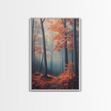 Carregar imagem no visualizador da galeria, Framed Canvas Print of Misty Autumn Forest with Vibrant Red Leaves, Seasonal Wall Art, Modern Farmhouse, Gift Idea, Fall Landscape Art
