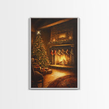 Load image into Gallery viewer, Rustic Cabin Fireplace With Christmas Tree Framed Canvas Print Warm Holiday Decor With Stockings And Christmas Lights Christmas Wall Art
