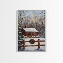 Load image into Gallery viewer, Snowy Log Cabin With Wreath And Fence Framed Canvas Print Rustic Winter Scene With Cozy Cabin In Snow Perfect Christmas Home Decor Wall Art
