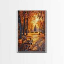 Carregar imagem no visualizador da galeria, Autumn Park Bench Scene With Trees And Lamppost Framed Canvas Print Wall Art Fall Decor, Rustic Autumn Art Gift, Seasonal Canvas Art
