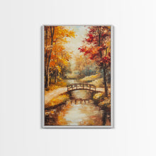 Carregar imagem no visualizador da galeria, Autumn Bridge Over Stream Framed Canvas Print Wall Art Fall Landscape Decor, Rustic Autumn Art Gift, Seasonal Wall Art
