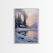 Load image into Gallery viewer, Cabin In Snowy Forest Framed Canvas Print Wall Art Winter Landscape Decor, Cozy Christmas Art Gift, Rustic Winter Wonderland Art
