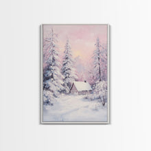 Load image into Gallery viewer, Pink Snowy Cabin Landscape Framed Canvas Print Wall Art Winter Wonderland Decor, Christmas Art Gift, Rustic Winter Scene Art
