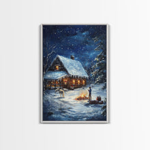 Load image into Gallery viewer, Cowboy Christmas by the Fire Framed Canvas Print, Western Holiday Decor with Snowy Cabin, Cozy Art Perfect for Rustic Christmas Winter Decor
