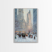 Cargar imagen en el visor de la galería, Historical City Winter Framed Canvas Print, Snowy Urban Landscape with Carriages and Victorian Architecture, Elegant Christmas Wall Art
