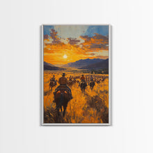 Load image into Gallery viewer, Cowboy Riders at Dusk Framed Canvas Print, Warm Sunset Western Scene with Riders on the Plains, Fall Decor Ranch Homes and Country Wall Art
