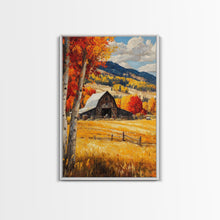 Load image into Gallery viewer, Countryside Barn in Autumn Framed Canvas Print, Bright Fall Landscape Birch Trees, Rustic Wall Art Country Home or Farmhouse Autumn Decor
