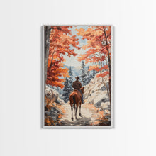 Load image into Gallery viewer, Cowboy riding through autumn forest, Framed Canvas Print, fall landscape wall art, western style decor for cozy homes, perfect gift idea
