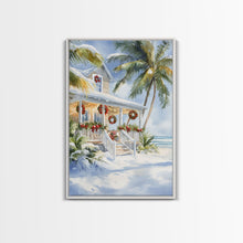 Carregar imagem no visualizador da galeria, Beach Christmas porch with palm trees and wreaths, holiday decor Framed Canvas Print Christmas wall art farmhouse tropical decor idea
