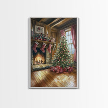Load image into Gallery viewer, Cozy farmhouse Christmas interior Framed Canvas Print with tree stockings and fireplace, warm holiday art rustic Christmas decor mantle
