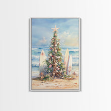Cargar imagen en el visor de la galería, Coastal Christmas tree with surfboards at the beach Framed Canvas Print, tropical holiday wall art beach Christmas decor Christmas prints

