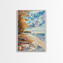 Carregar imagem no visualizador da galeria, Autumn beach landscape with vibrant fall leaves and coastal breeze Framed Canvas Print perfect fall wall art for seasonal farmhouse decor
