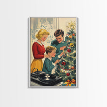 Load image into Gallery viewer, Mid-Century Family Christmas Celebration with Turntable and Christmas Tree, Retro Holiday Wall Art, Framed Canvas Print
