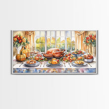 Load image into Gallery viewer, Framed Canvas Print Autumn Thanksgiving Dinner Table Art with Pumpkins, Perfect Fall Home Decor, Seasonal Wall Art, and Gallery Wall Piece
