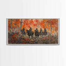 Load image into Gallery viewer, Framed Canvas Print Horseback Riders in Rustic Fall Forest, Cowboy Theme Wall Art, Autumn Home Decor, and Seasonal Canvas Wall Print
