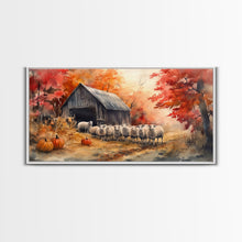 Load image into Gallery viewer, Framed Canvas Print Autumn Farm with Sheep and Pumpkins, Perfect Fall Decor, Rustic Country Home Wall Art, Seasonal Autumn Canvas Print
