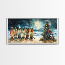 Carregar imagem no visualizador da galeria, Canvas Print Surfboards and Christmas Tree at Beach, Tropical Christmas Decor, Beach Christmas Art, Coastal Holiday Wall Art
